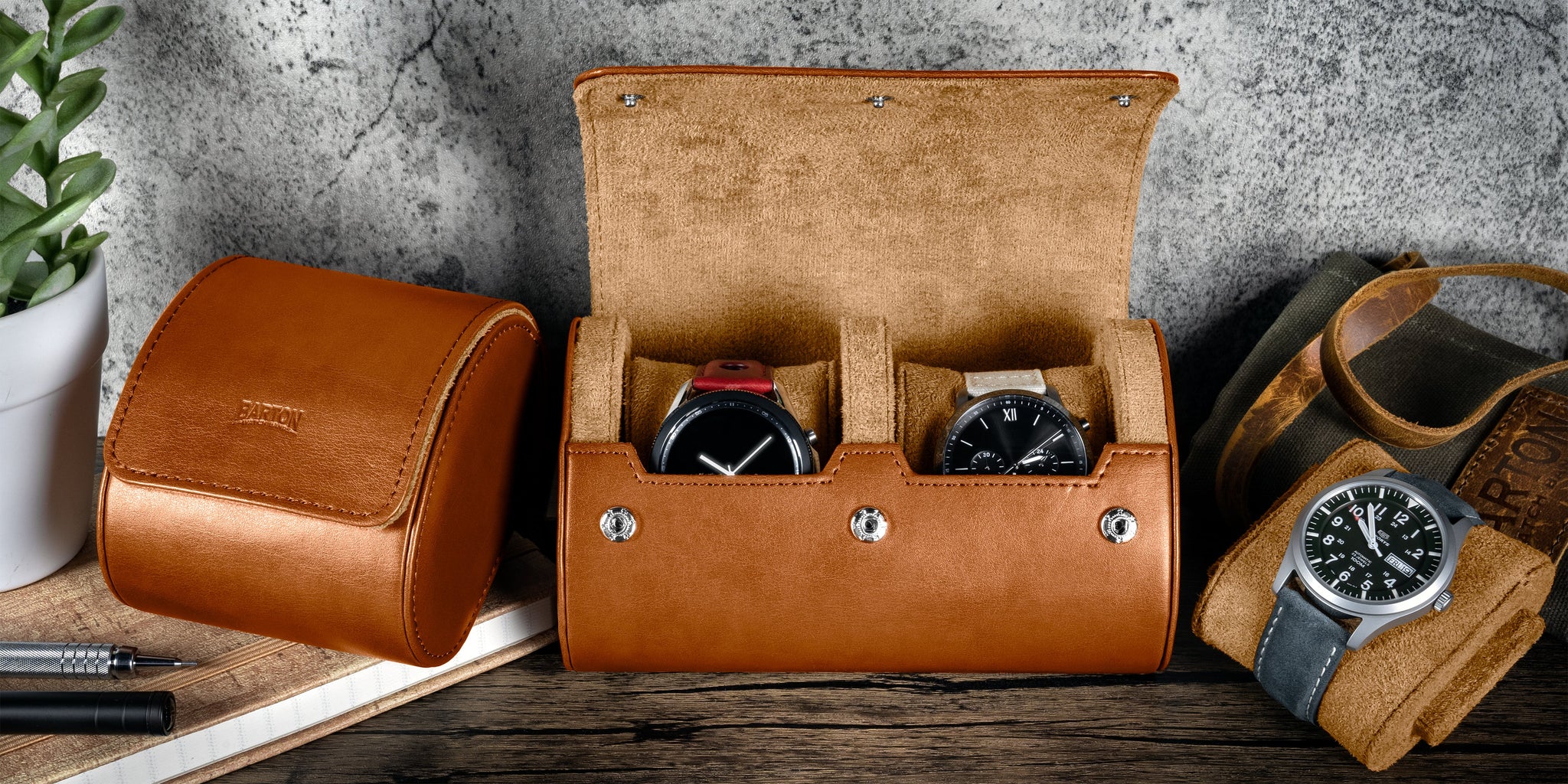 Recycled Leather Double Watch Roll by Barton Watch Bands
